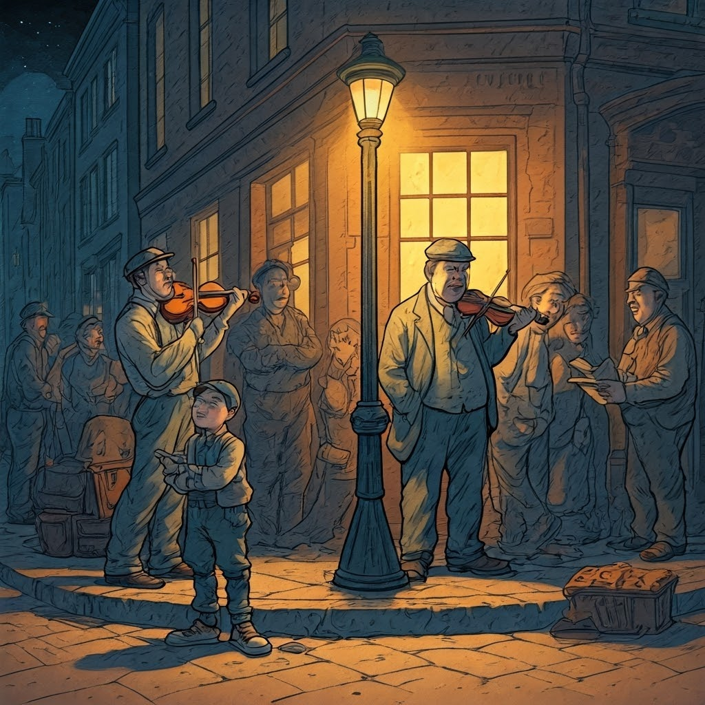 Street musician fiddles while workers sing; a newsboy waves a labor paper as an artist sketches a bloated boss, all under warm gaslight.