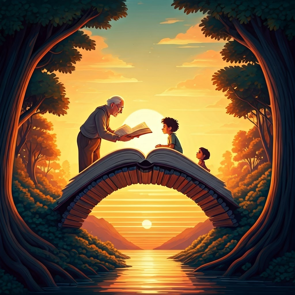 Storybook bridge of open books connecting a grandparent and child at sunset, vibrant colors radiate warmth