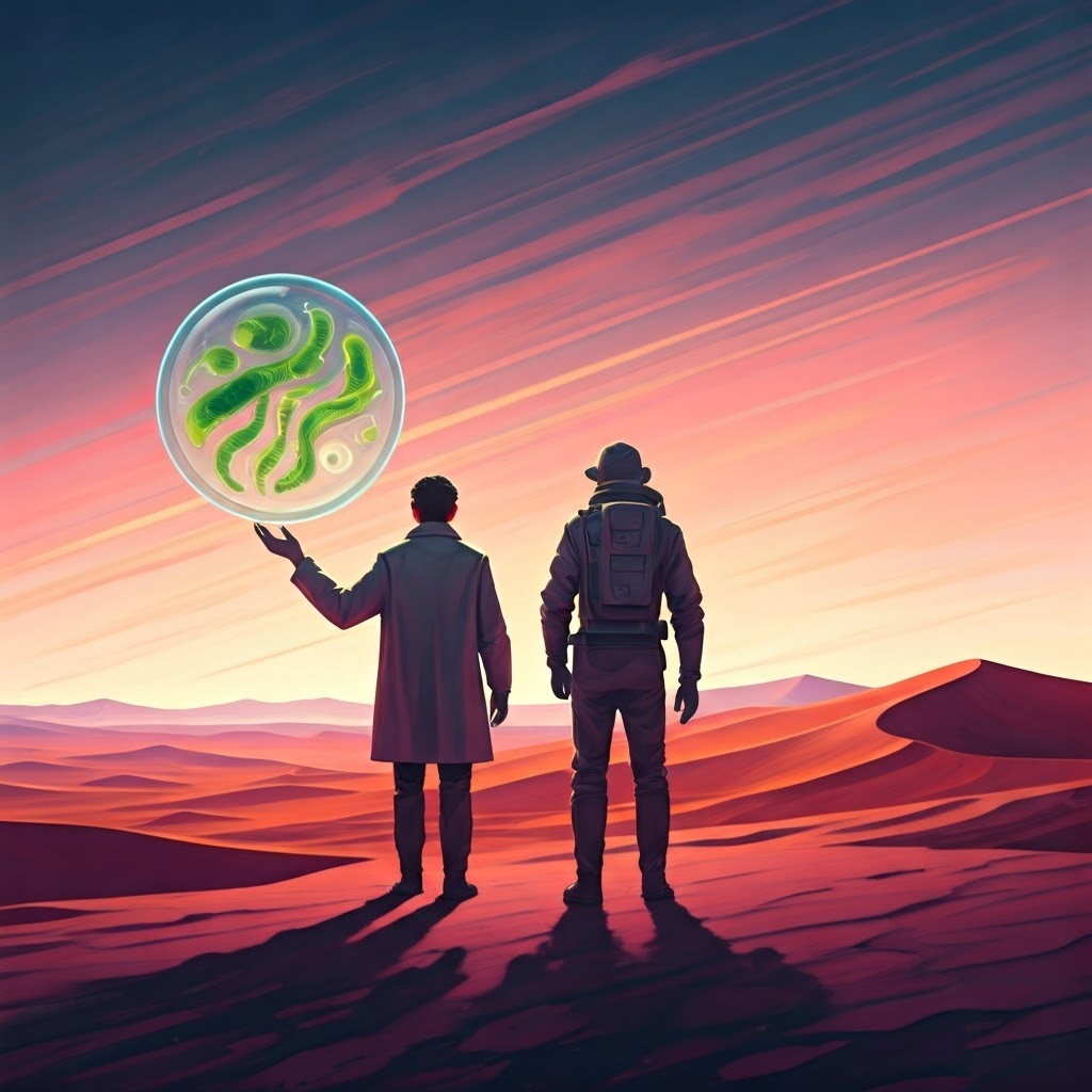 Two silhouettes—one ethicist, one explorer—contemplate alien microbes and distant dunes, symbolizing balanced responsibility.