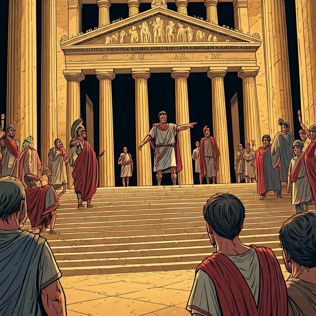 Tribune blocking patricians while declaring veto, representing plebeian protection