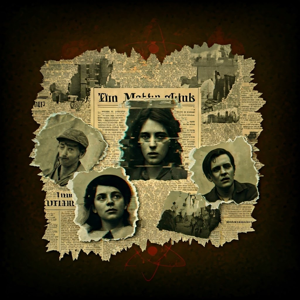 Collage of 1940s newspapers and survivor photos layered with faint atomic symbols, evoking public dread and curiosity