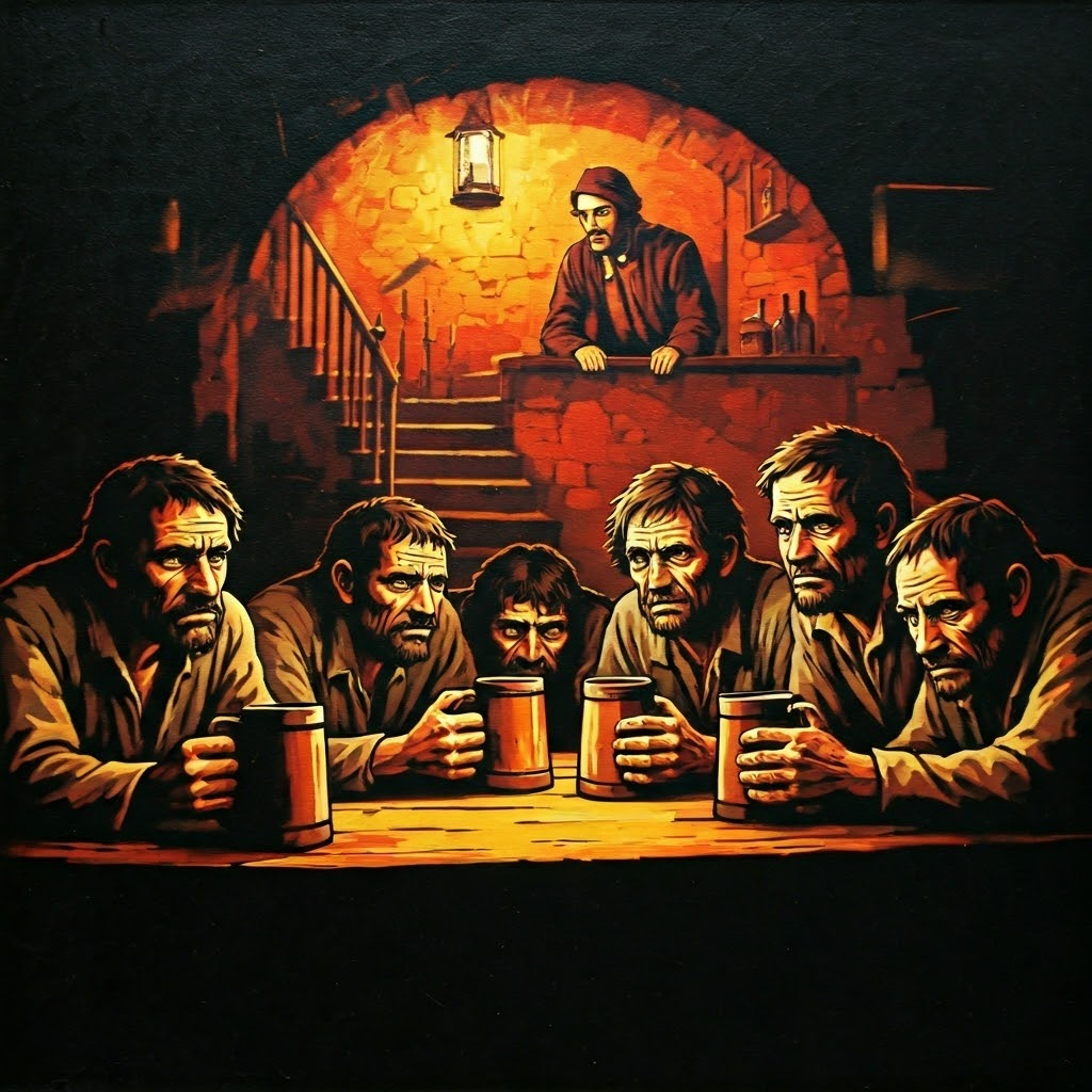Peasants clutch mugs in a smoky tavern while a mural shows an oblivious noble above them