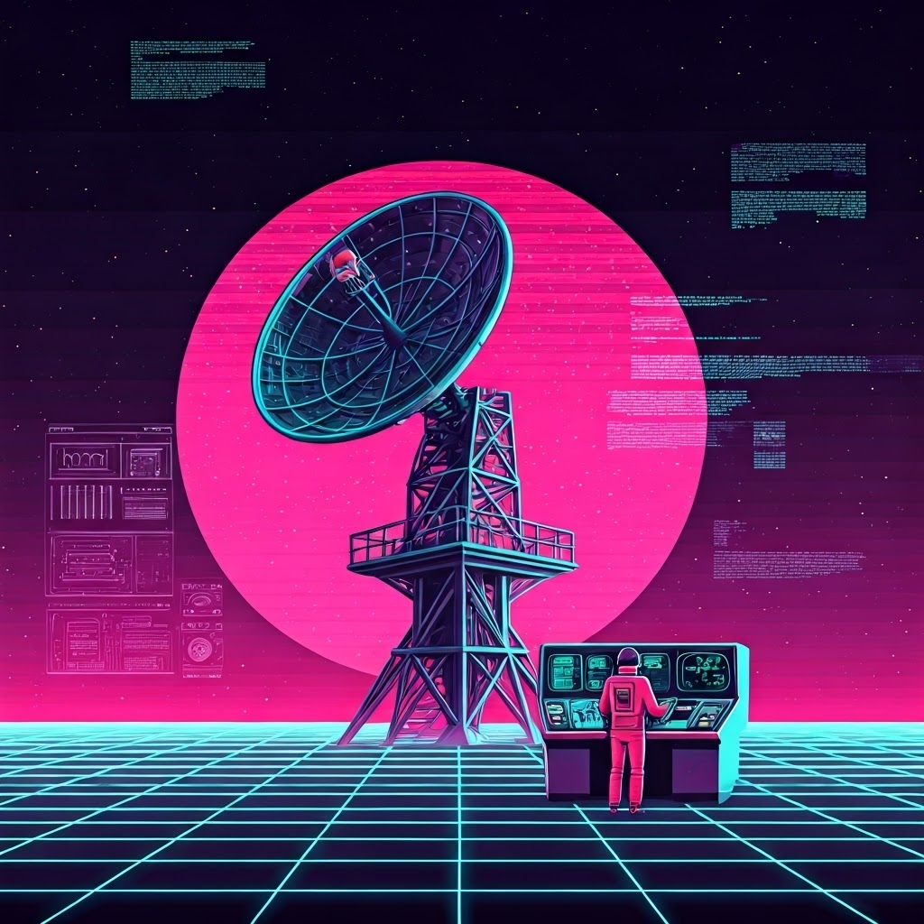 Retro vector art of a radio antenna receiving commands from Earth, evoking early digital interfaces
