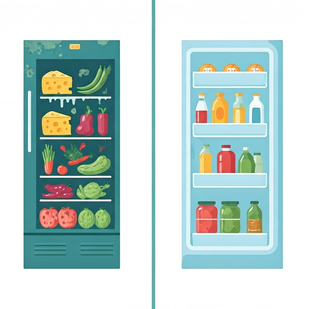 Left panel shows moldy foods and warning signs; right panel shows fresh foods stored safely.