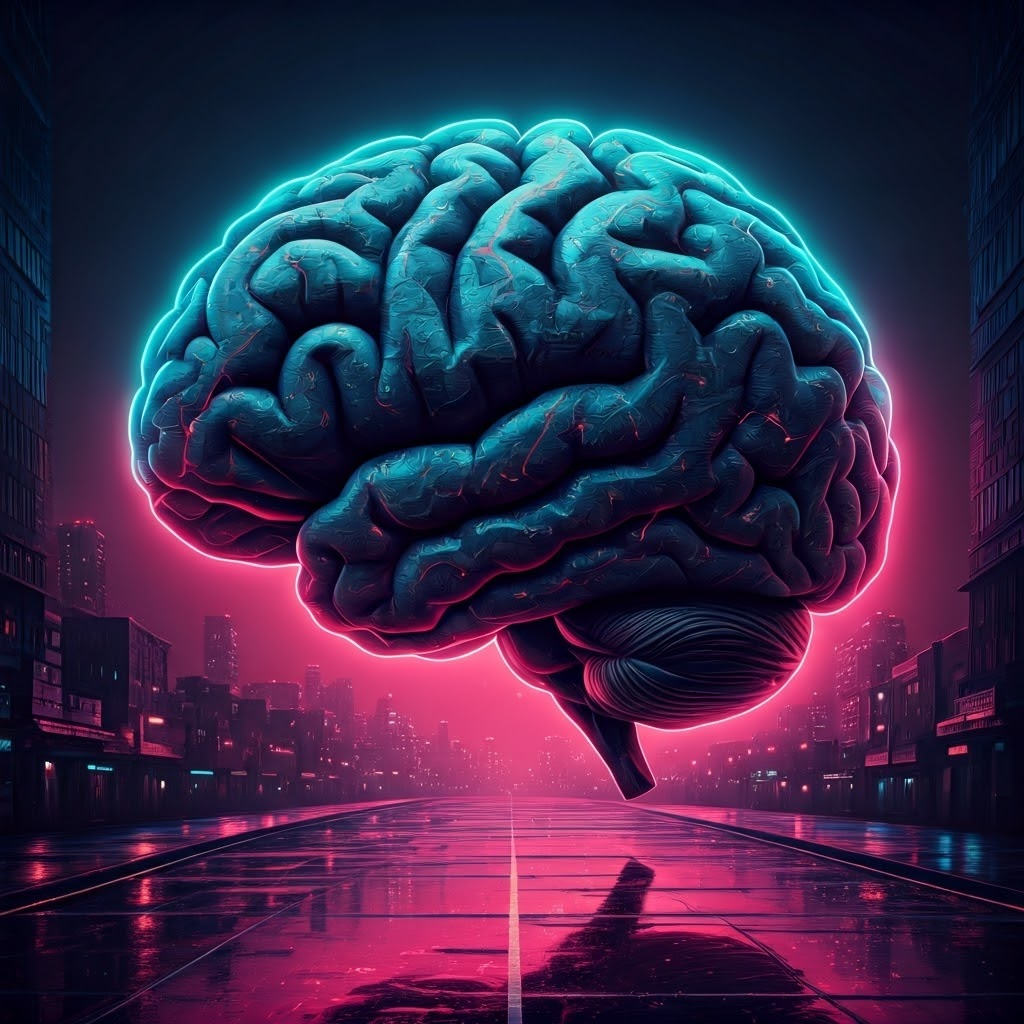 Neon cyber-punk brain imagined as a glowing city map, roads and traffic symbolizing ever-changing neural paths.