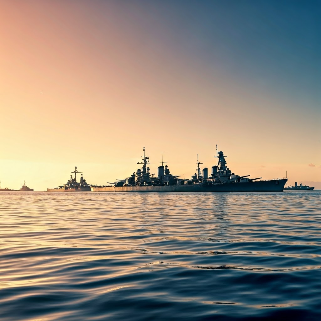 Quiet dawn at Pearl Harbor—rows of calm battleships under orange-pink sky, distant planes approaching unnoticed.