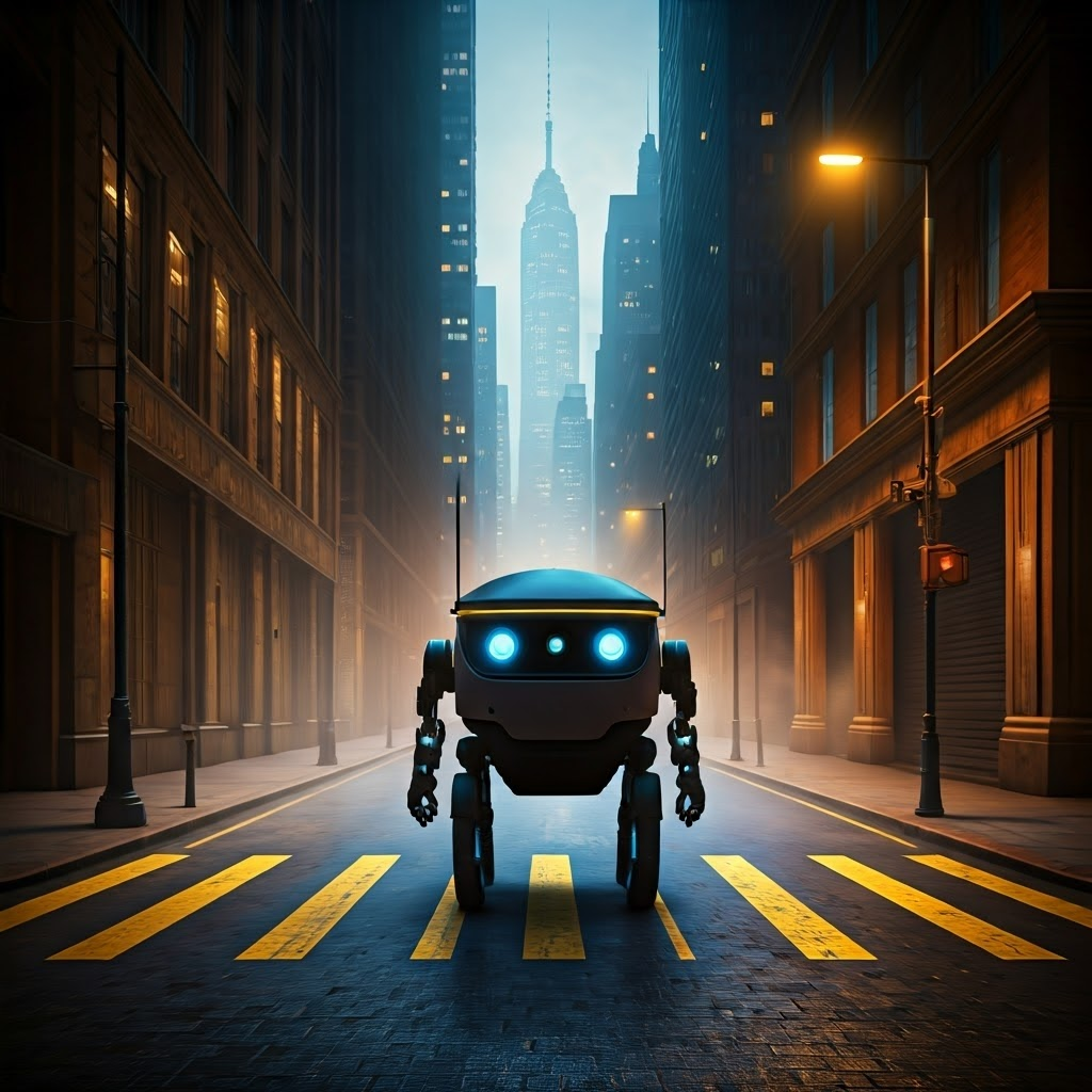 Delivery robot navigating a foggy city street, tall buildings blocking GPS signals while soft lights reflect on wet pavement.