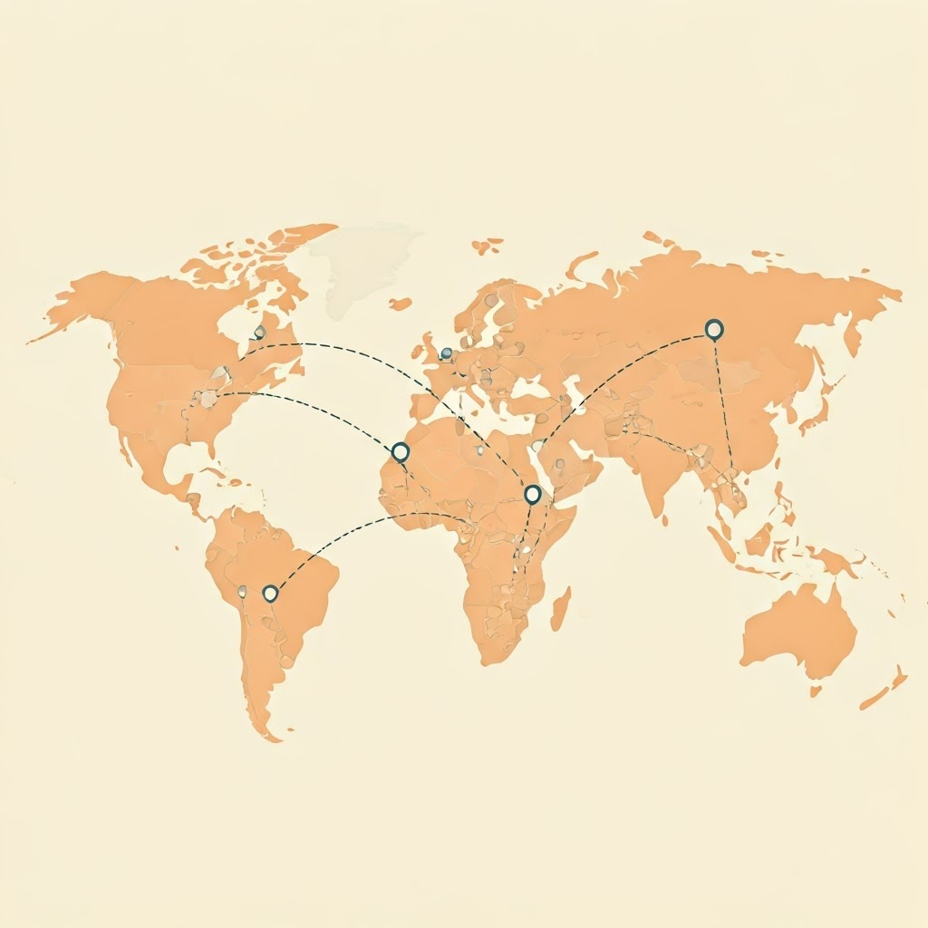 Clean world map with ships, caravans, and letters linking cities, visualizing global paths of religious expansion