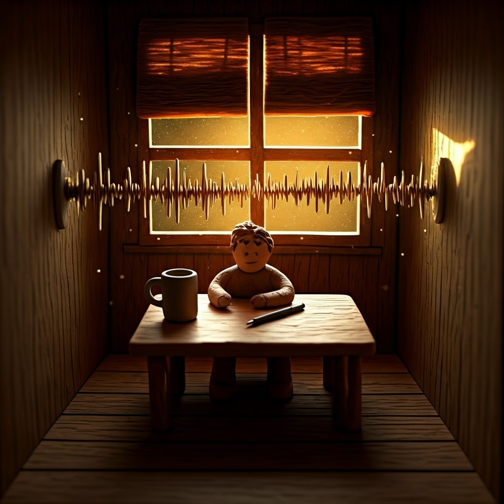 Illustration of a clay figure at a sunlit table, detailed mug and floating sculpted soundwaves highlighting close observation.