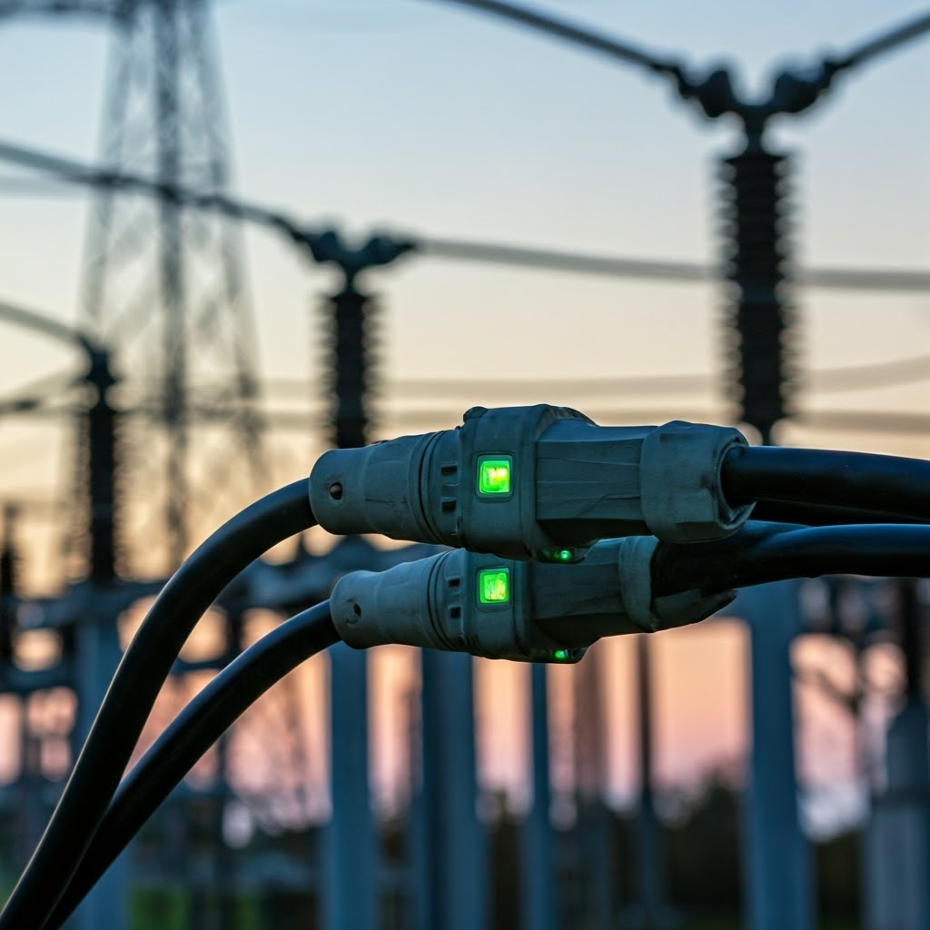 Close-up of thick power cables plugged into a substation terminal at dusk—symbolizes upgraded infrastructure