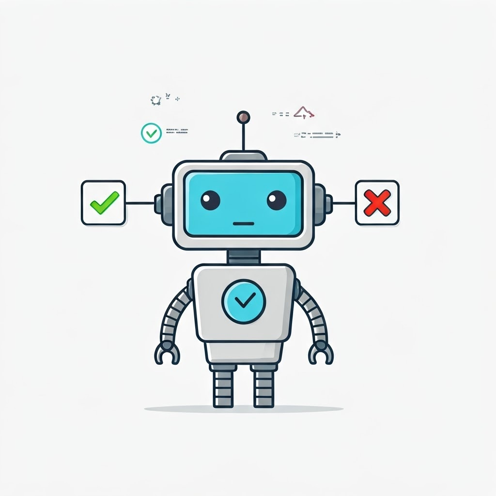 Vector graphic robot screen shows check mark, cross, and arrows to convey status through simple icons