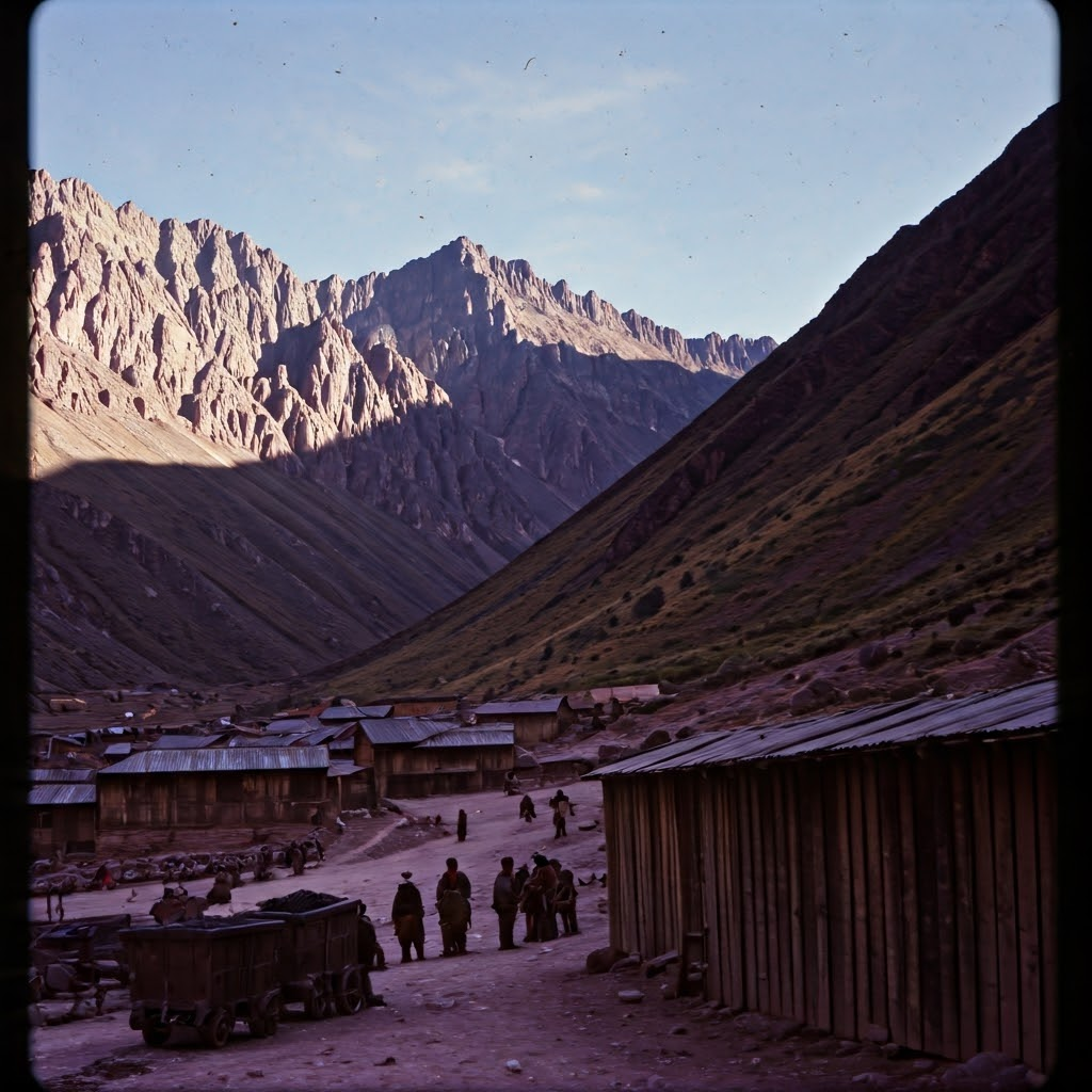 Twilight view of Cerro Rico above colonial Potosí with miners gathering near wooden carts, illustrating harsh Andean silver extraction.
