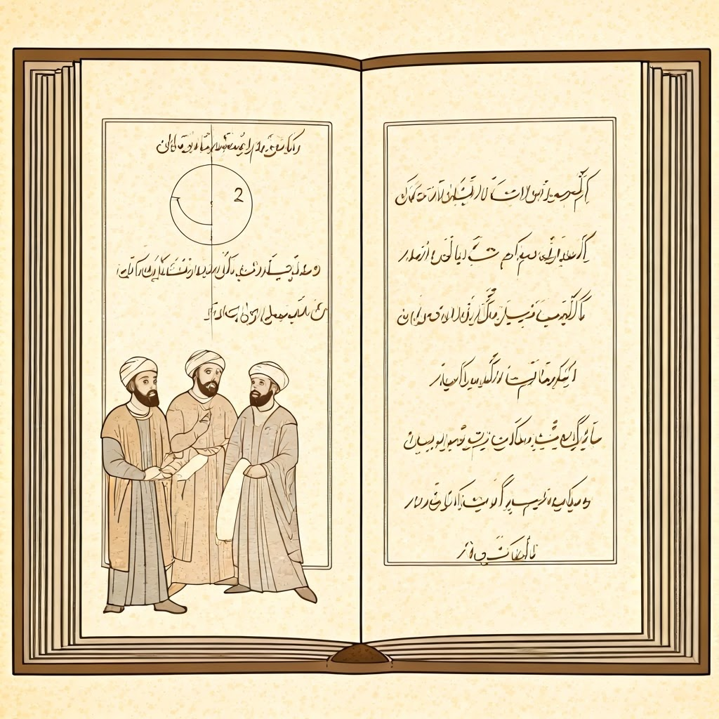 Sepia illustration of al-Khwarizmi’s algebra book open to simple equation, showing its practical reach to everyday professionals