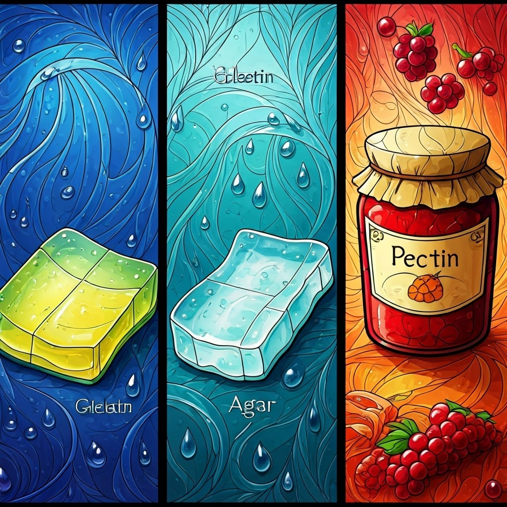 Side-by-side panels compare gelatin, agar, and pectin through clear visuals.