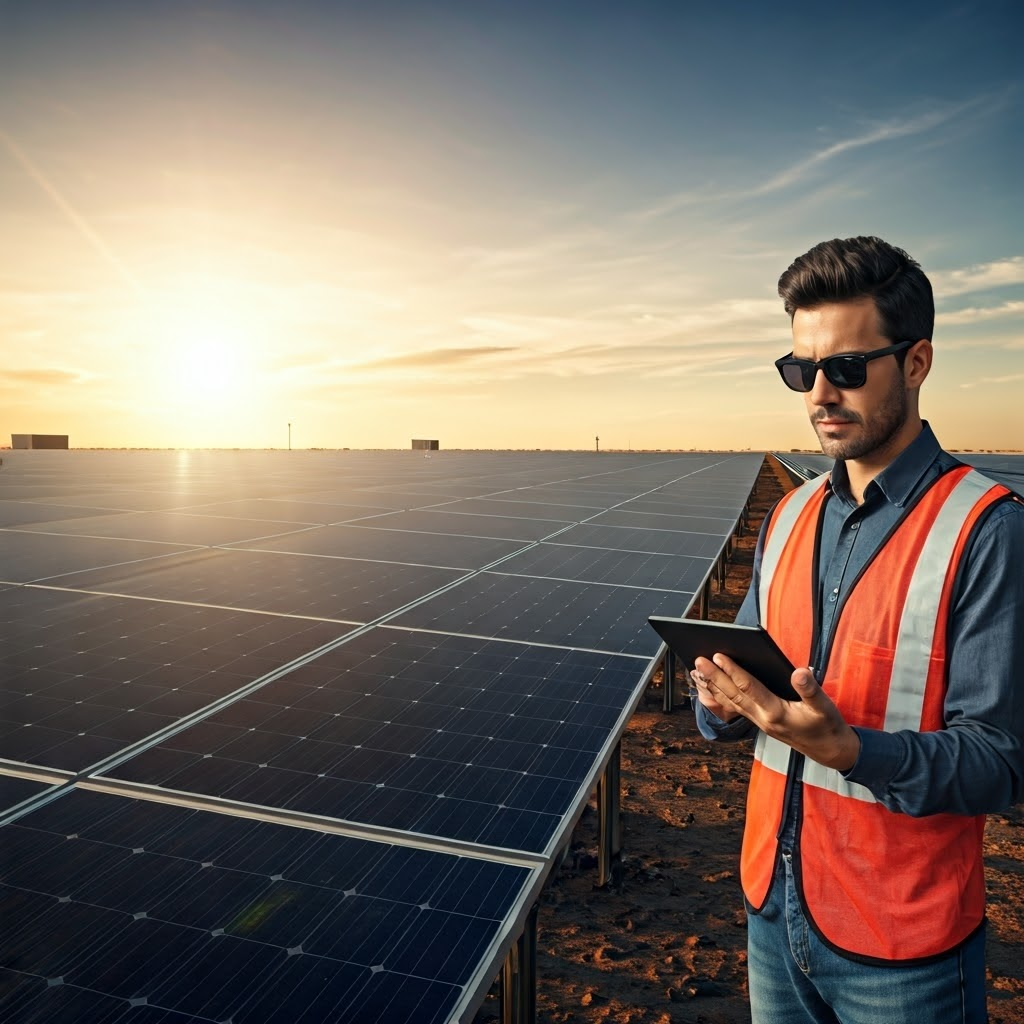 Engineer with tablet beside vast solar array, emphasizing real-world panel performance.