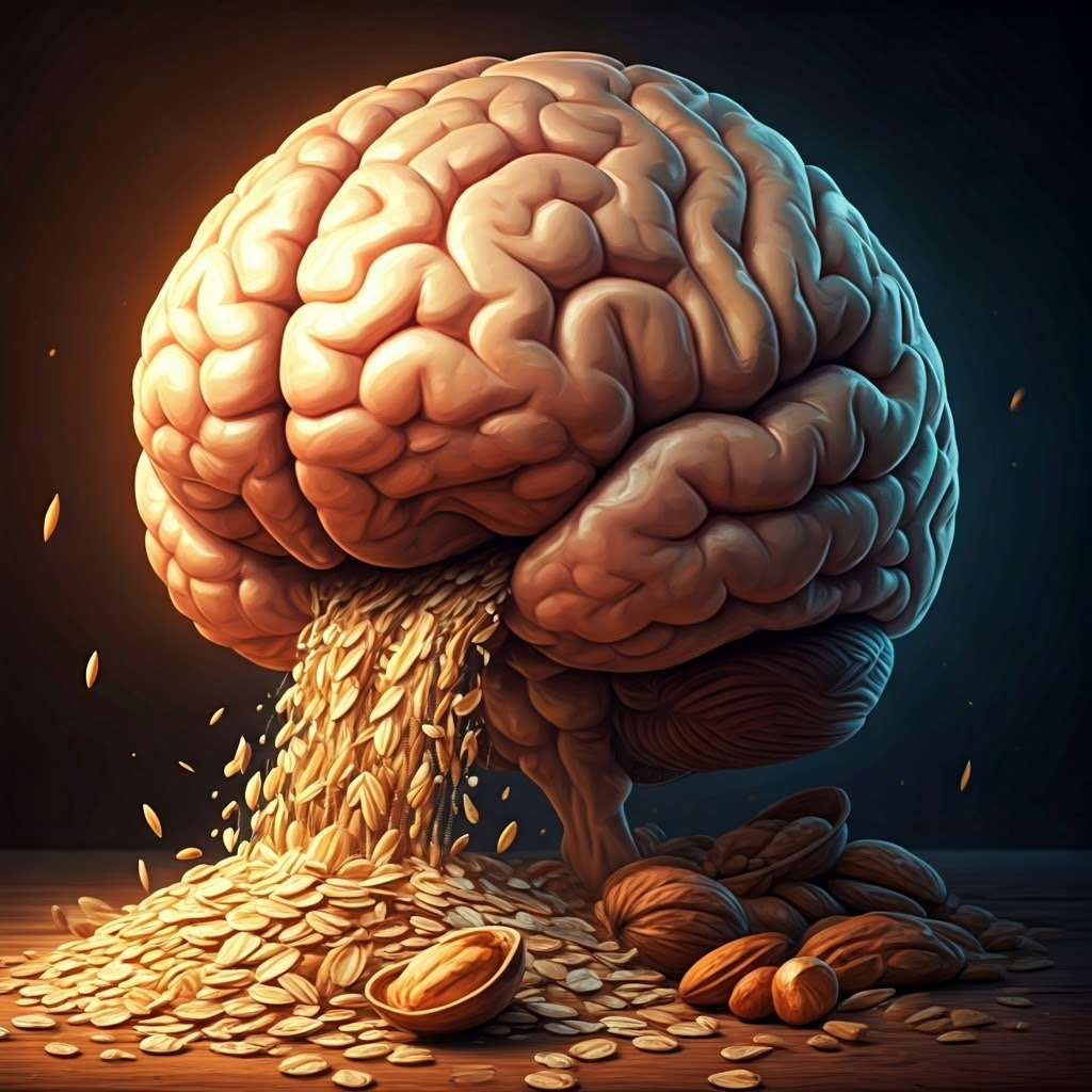 Vibrant painting of a city-shaped brain lit by warm amber tones, with streams of oats, nuts, and fruit flowing like energizing rivers.