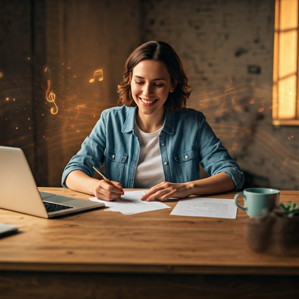 Smiling writer at a wooden desk bathed in warm sunrise, scattered pages and a steaming coffee cup signal joyful productivity