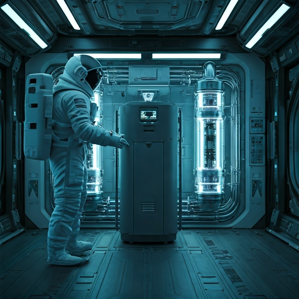 Astronaut manages oxygen generation unit inside the ISS, where glowing pipes and monitors display real-time air recycling.