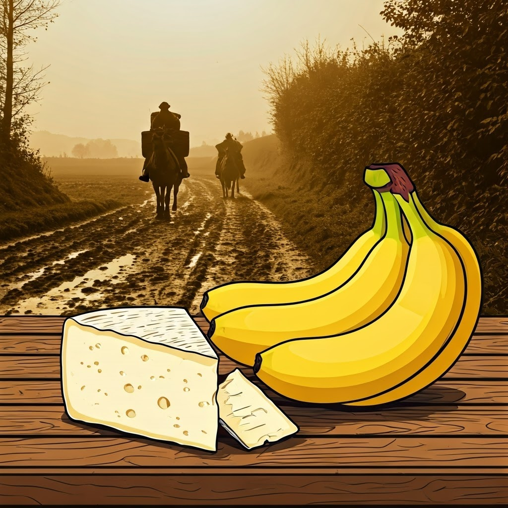 Bright bananas and French cheese contrast with a muddy road backdrop, stressing limited old-world trade.