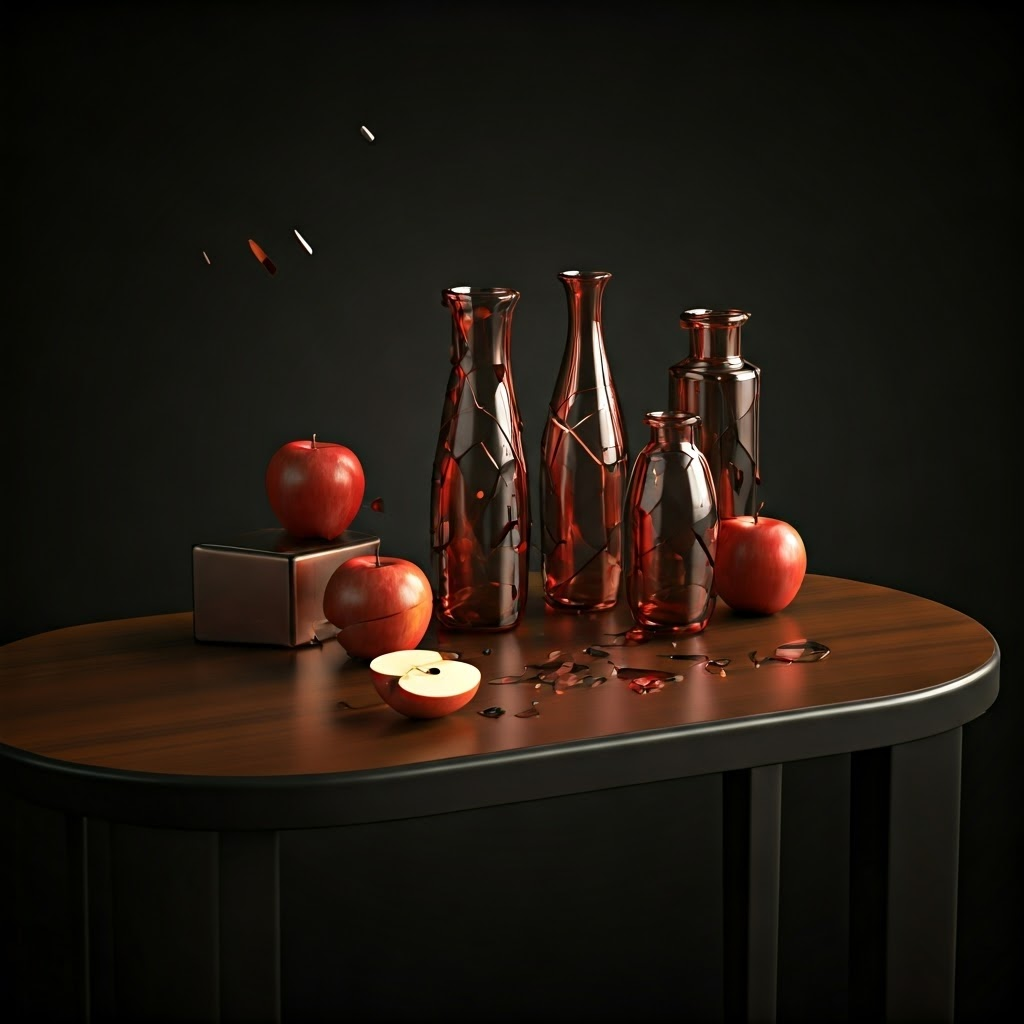 A still life of apples and vases breaks into polished metallic cubes that scatter light, suggesting a viewpoint seen from many sides at once
