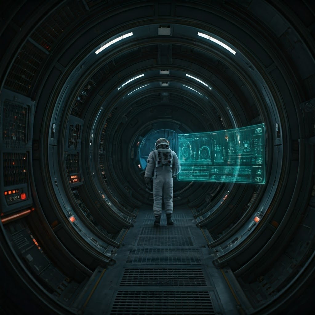 Astronaut inspects an airlock for micro-leaks while holographic pressure data hovers in front of them.