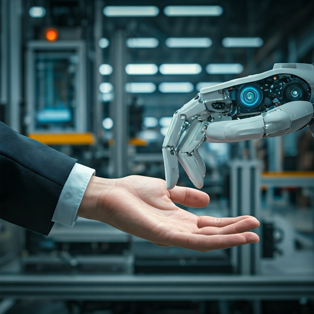 Macro view of robot hand gently nudging a human on a factory floor, emphasizing haptic safety feedback