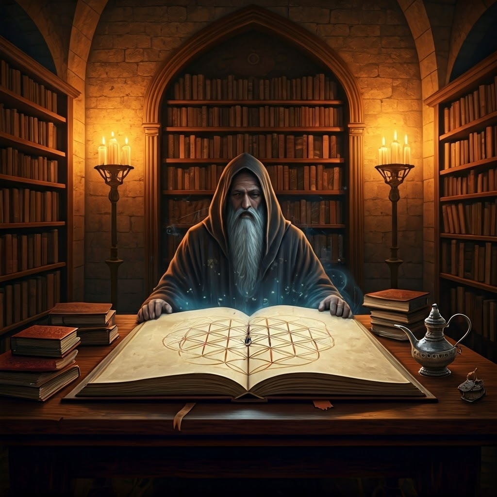 Study room glowing with candles, showing the Tree of Life diagram and a meditative scholar.