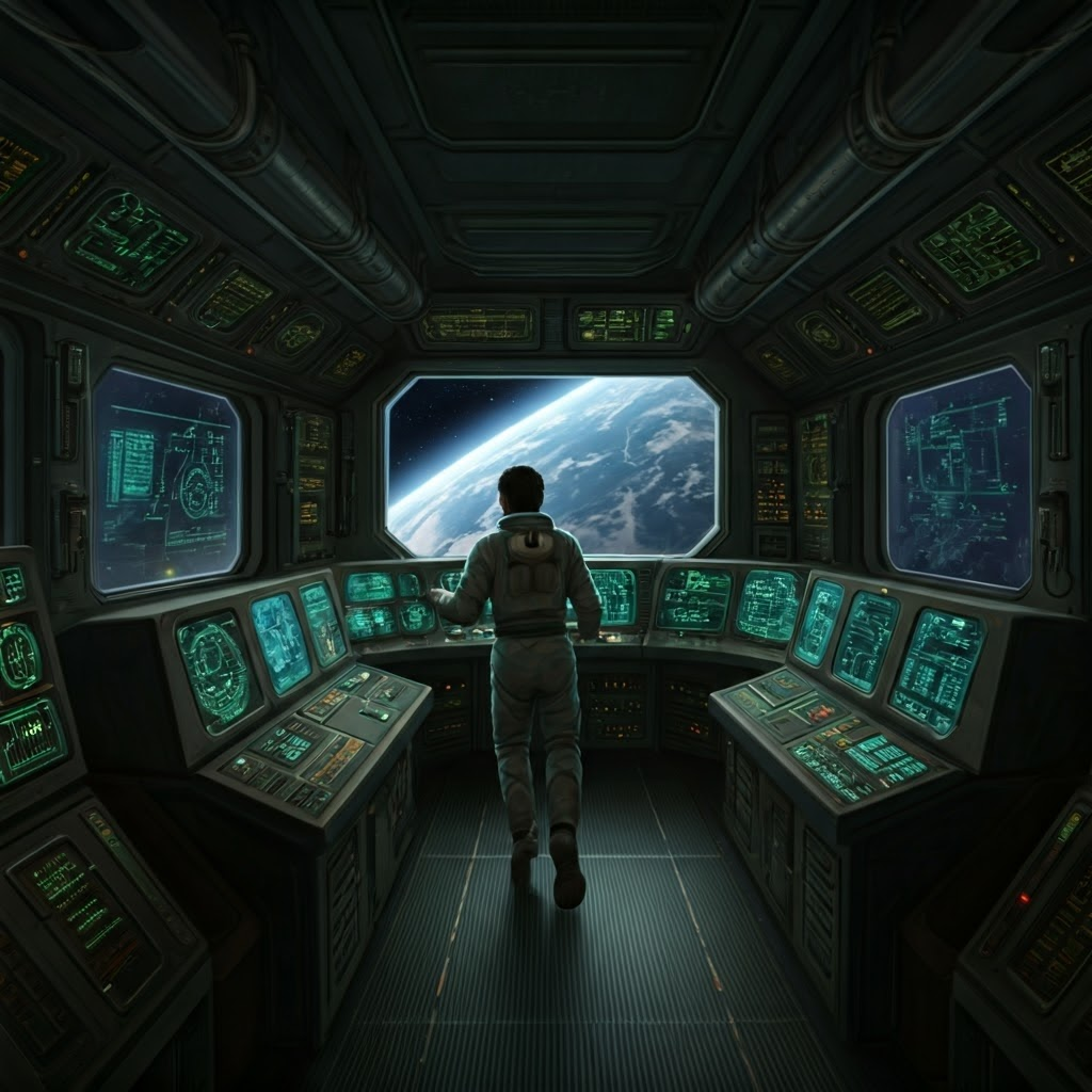 Crew monitors life-support panels in a spacecraft cockpit illuminated by Earthlight and instrument glows.