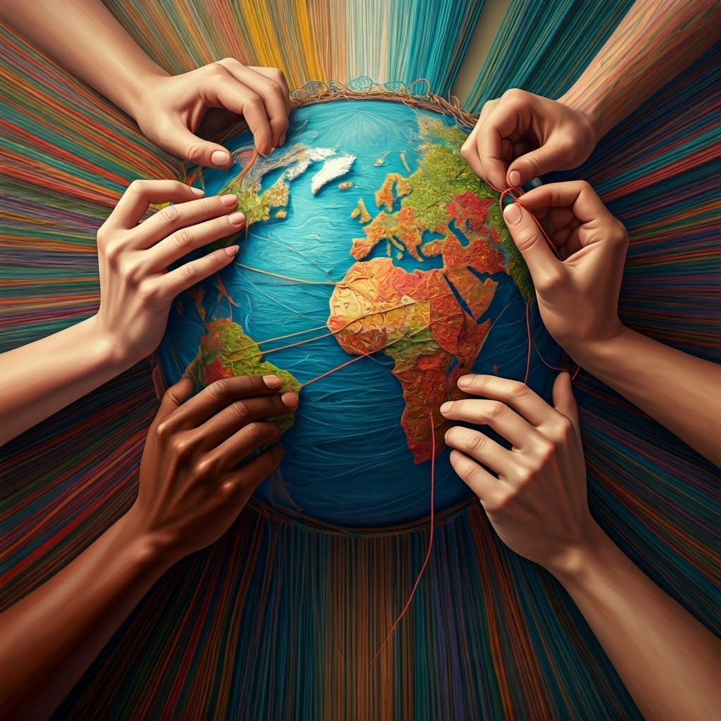 Hands of varied skin tones weave bright threads into a worn world tapestry, symbolizing respectful dialogue repairing global fabric.