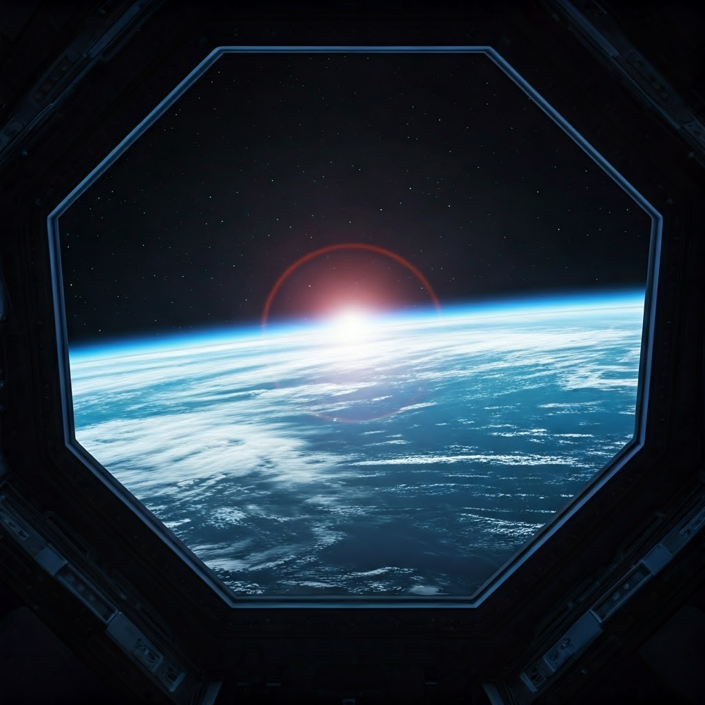 An astronaut floats above Earth, watching blue oceans and white clouds through a spacecraft window