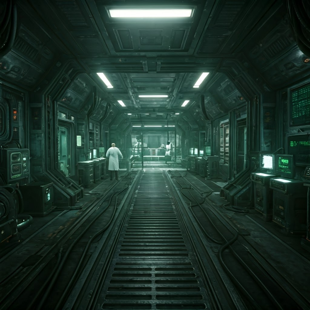 A first-person view of a subterranean lab corridor with flickering lights and humming consoles, inviting exploration while teaching basic movement.