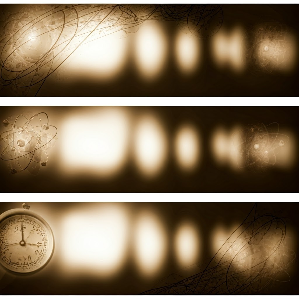 Three vintage panels show a blurry image sharpening over time while atomic symbols and a ticking clock hover nearby