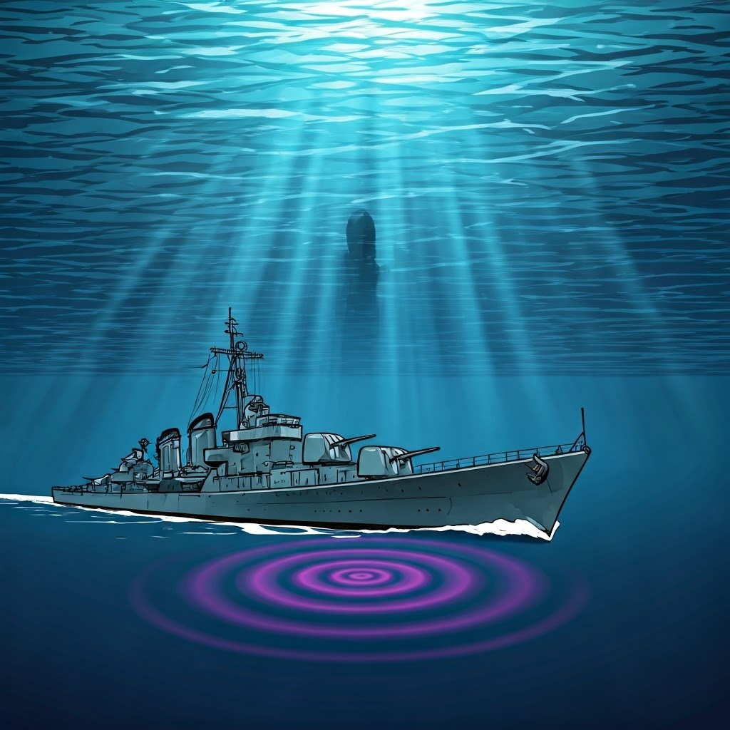 Underwater view of a destroyer sending purple sonar rings toward a lurking submarine