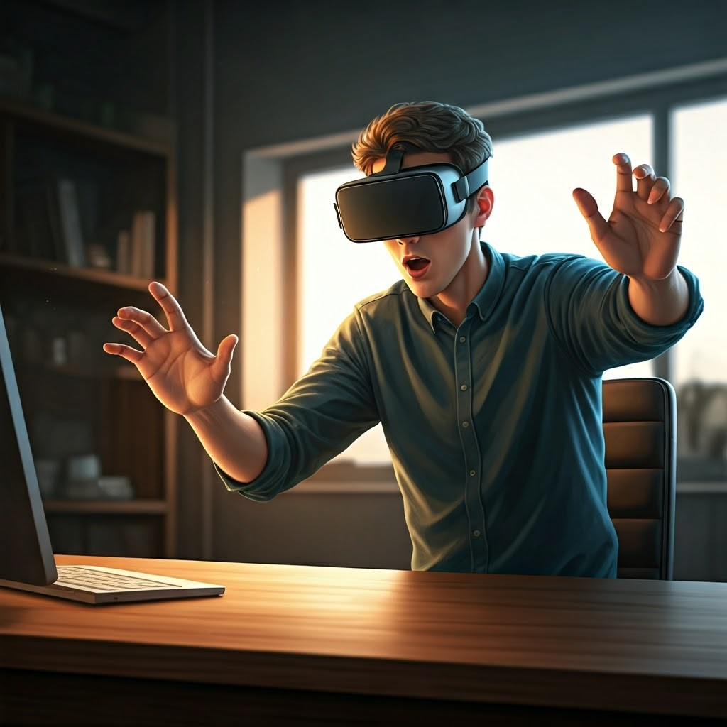 Person in a bright home office bumps desk while reaching in VR, showing clash between virtual and physical space.