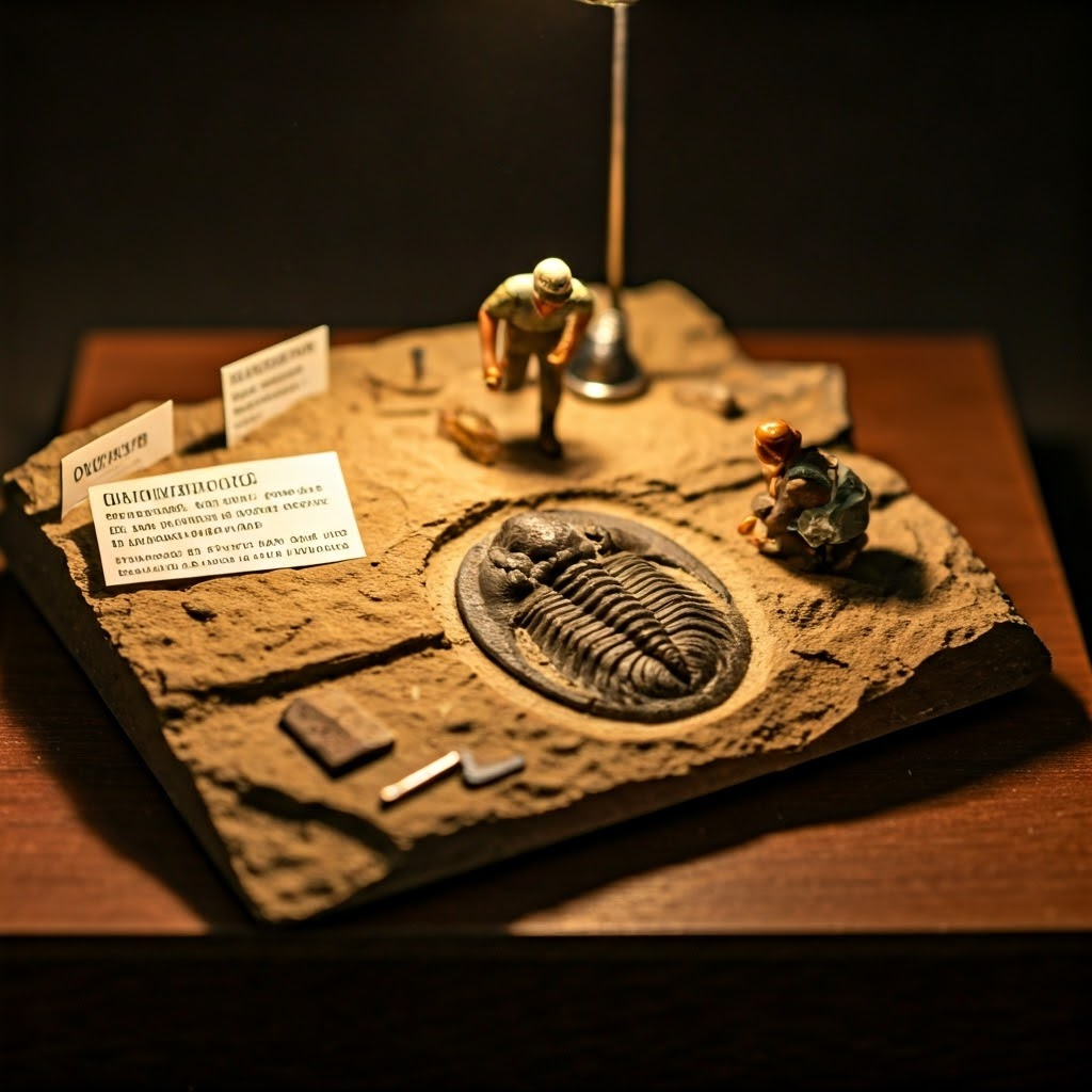 Miniature diorama of a paleontologist revealing a trilobite fossil from layered sandstone, tools scattered nearby.