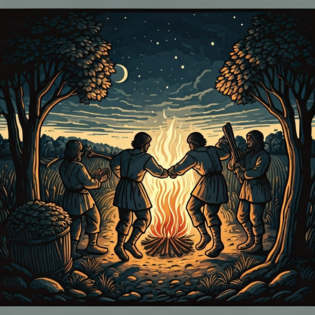 Peasants dance around a harvest fire under stars, celebrating temporary relief after long labor in the fields.