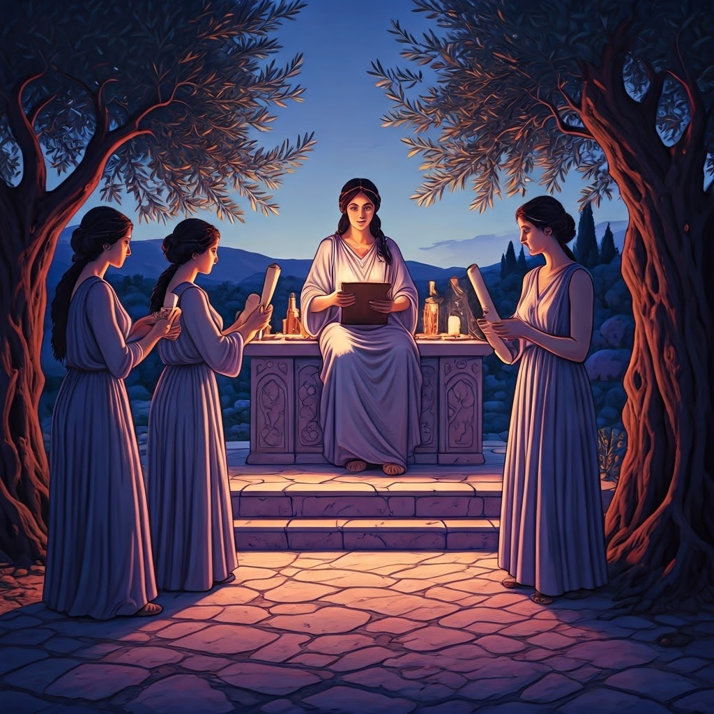 Women share poetry on Lesbos at dusk, illustrating Sappho’s circle of song, teaching, and close bonds.