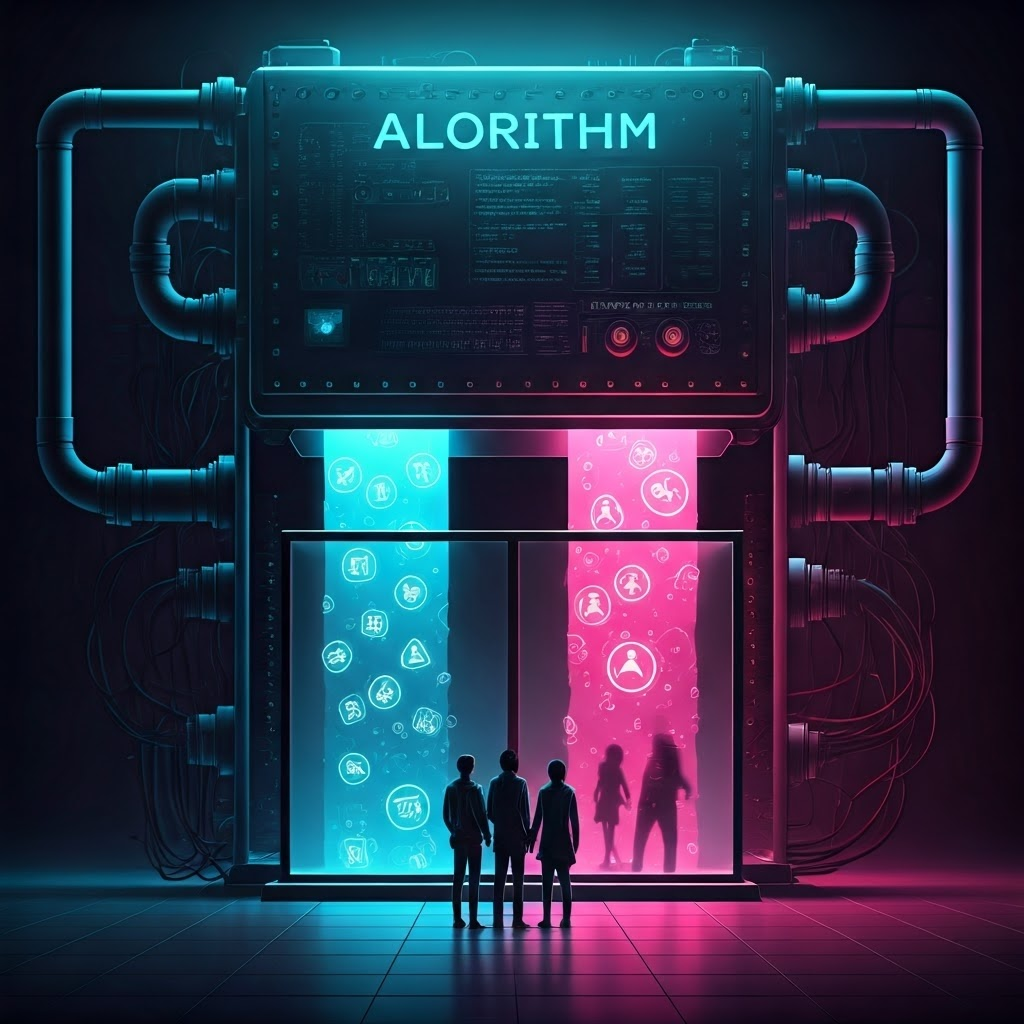 An abstract machine labeled "Algorithm" releases skewed results after swallowing biased blue-and-pink data streams.