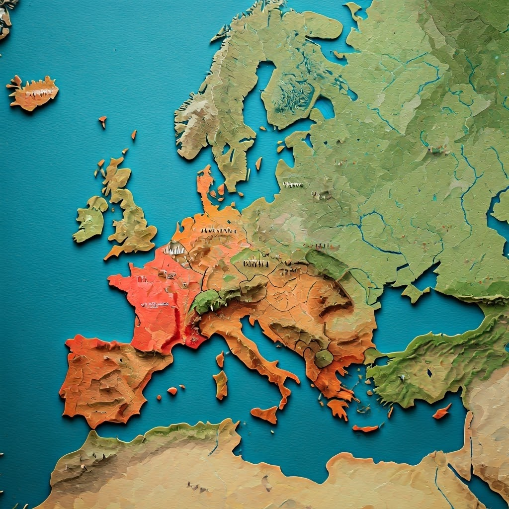 Colorful papercut map showing fragmented post-Roman kingdoms across Europe