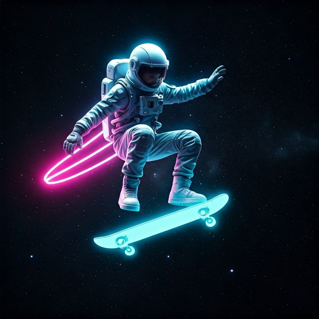 Young astronaut leaping from a glowing hoverboard in deep space, neon trails showing motion and freedom among stars.