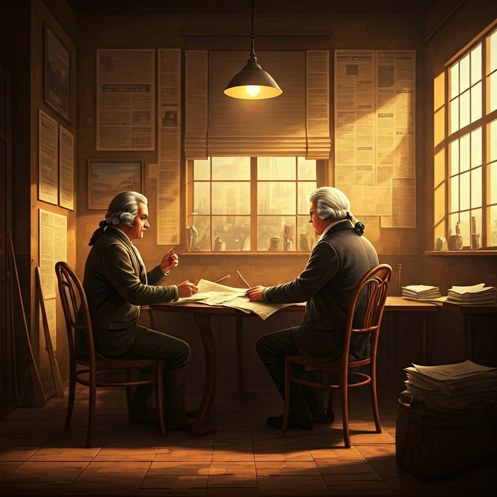 18th-century café where a shoemaker and lawyer argue over broadsheets beneath warm afternoon light streaming through tall windows