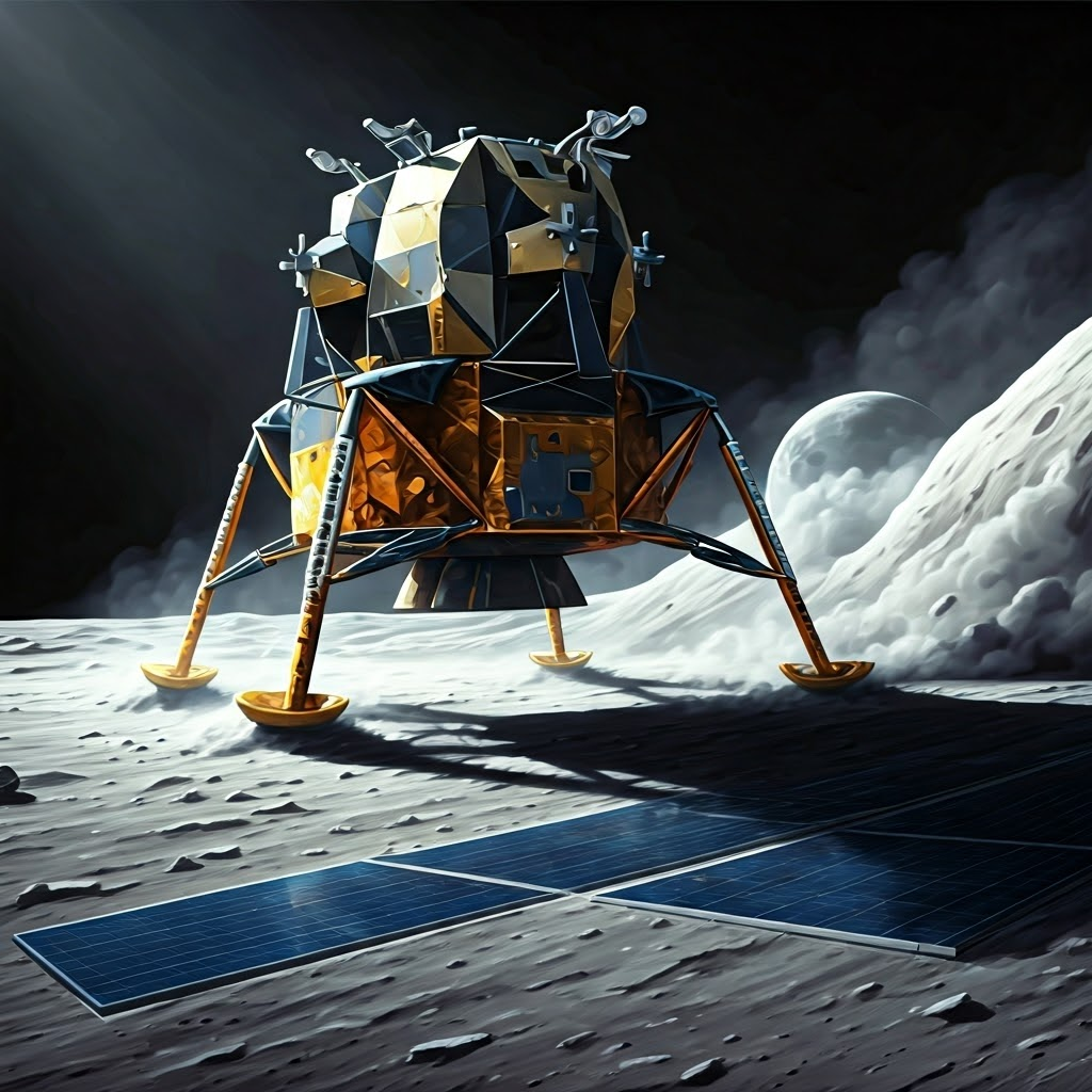 Lunar lander stirring gray dust that coats its angled solar panels under harsh light