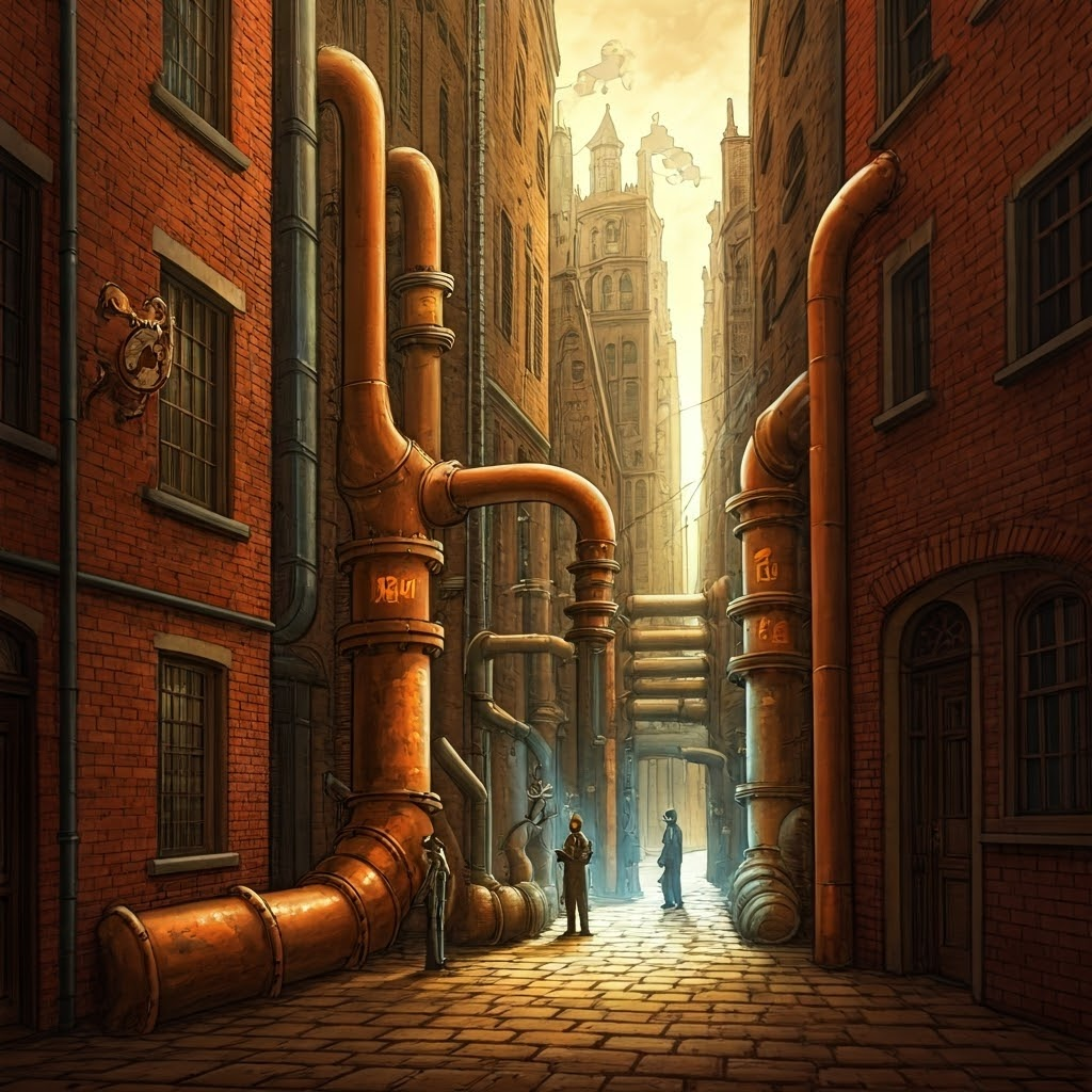 Steampunk engineers swapping aging IPv4 pipes for bright new IPv6 conduits in a bustling mechanical city