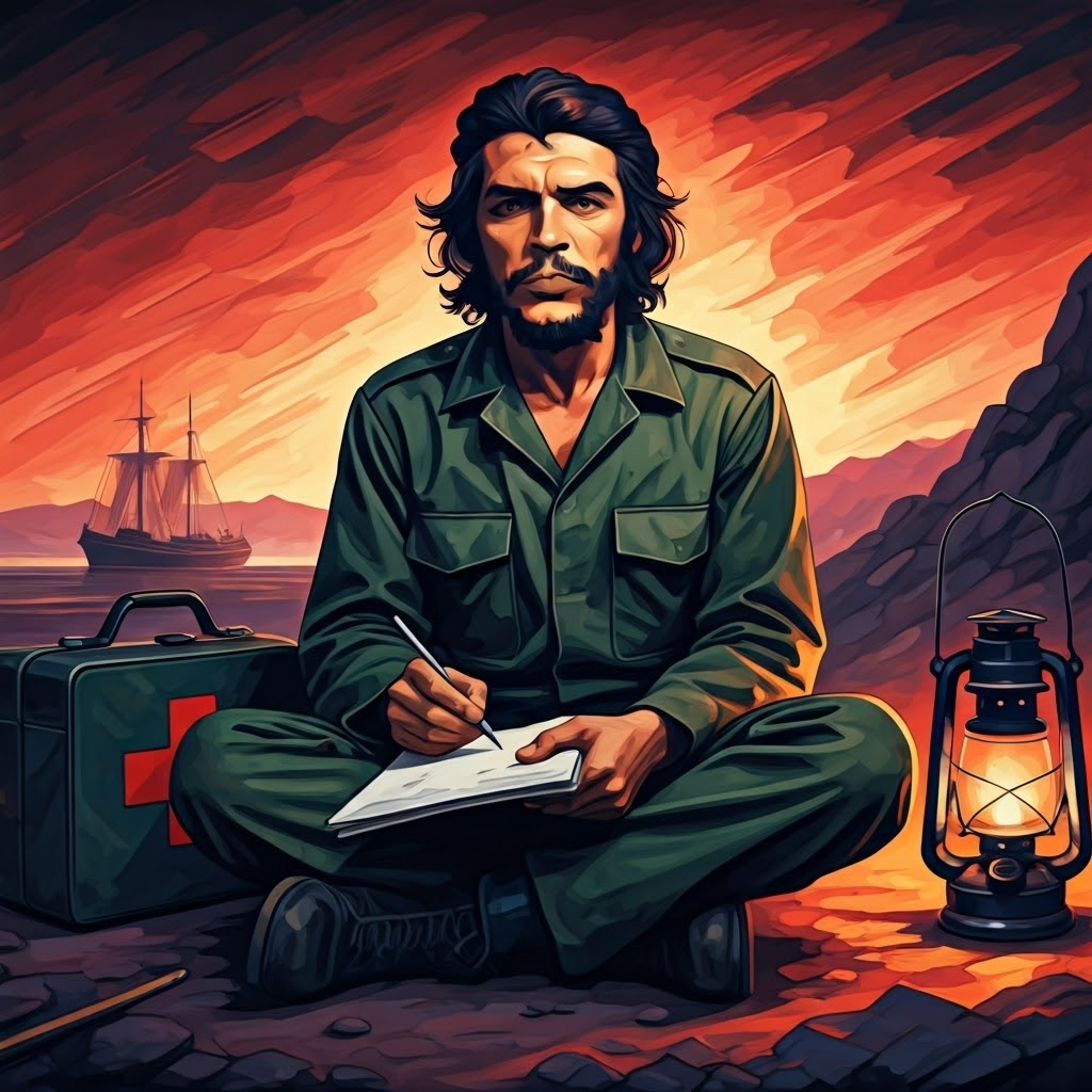Expressionist portrait of Che Guevara planning in mountains.