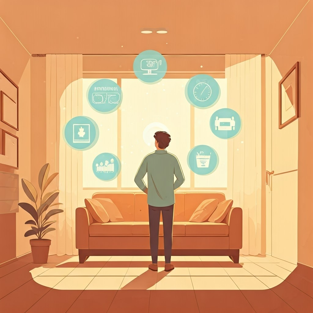 A person in a sunlit room studies floating icons labeled multimodal, agentic, open/closed, hardware, and safety.