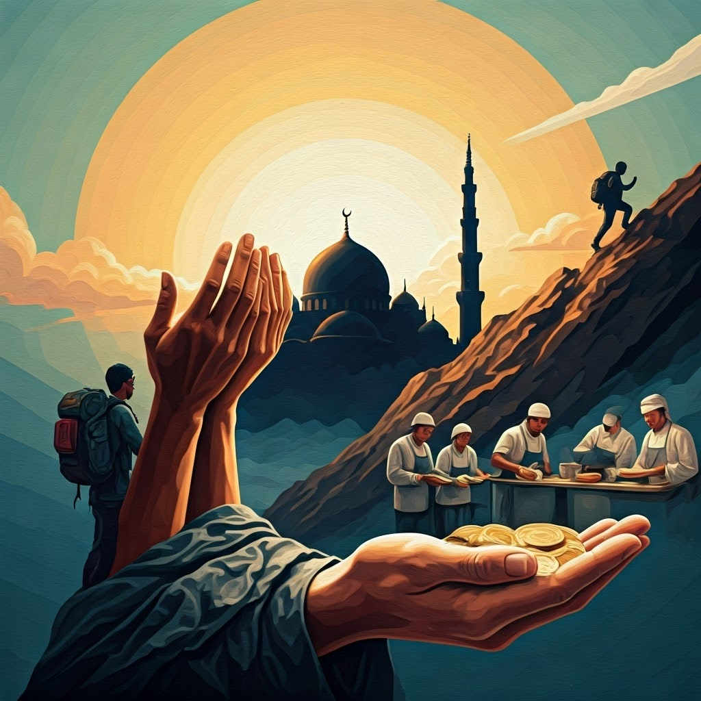 Collage of religious acts—prayer, charity, pilgrimage—floating words like “forgive” and “grace,” symbolizing shared habits.