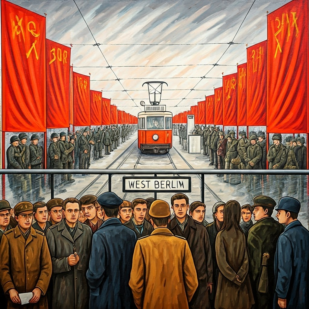Bold mural shows Soviet banners and citizens lining up for a tram marked “West Berlin.”