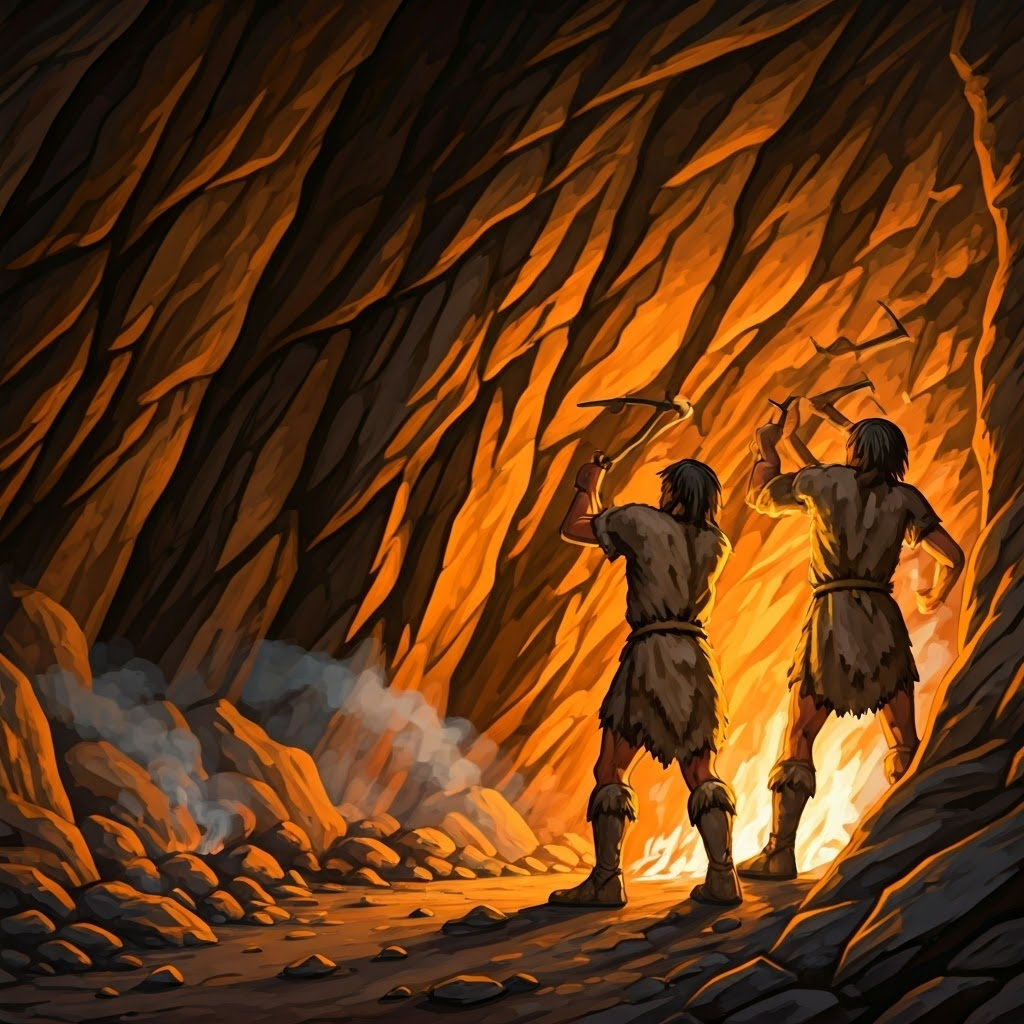 Miners use antler picks, bone scrapers, and fire-quenching techniques to fracture rock on a rugged cliff face.