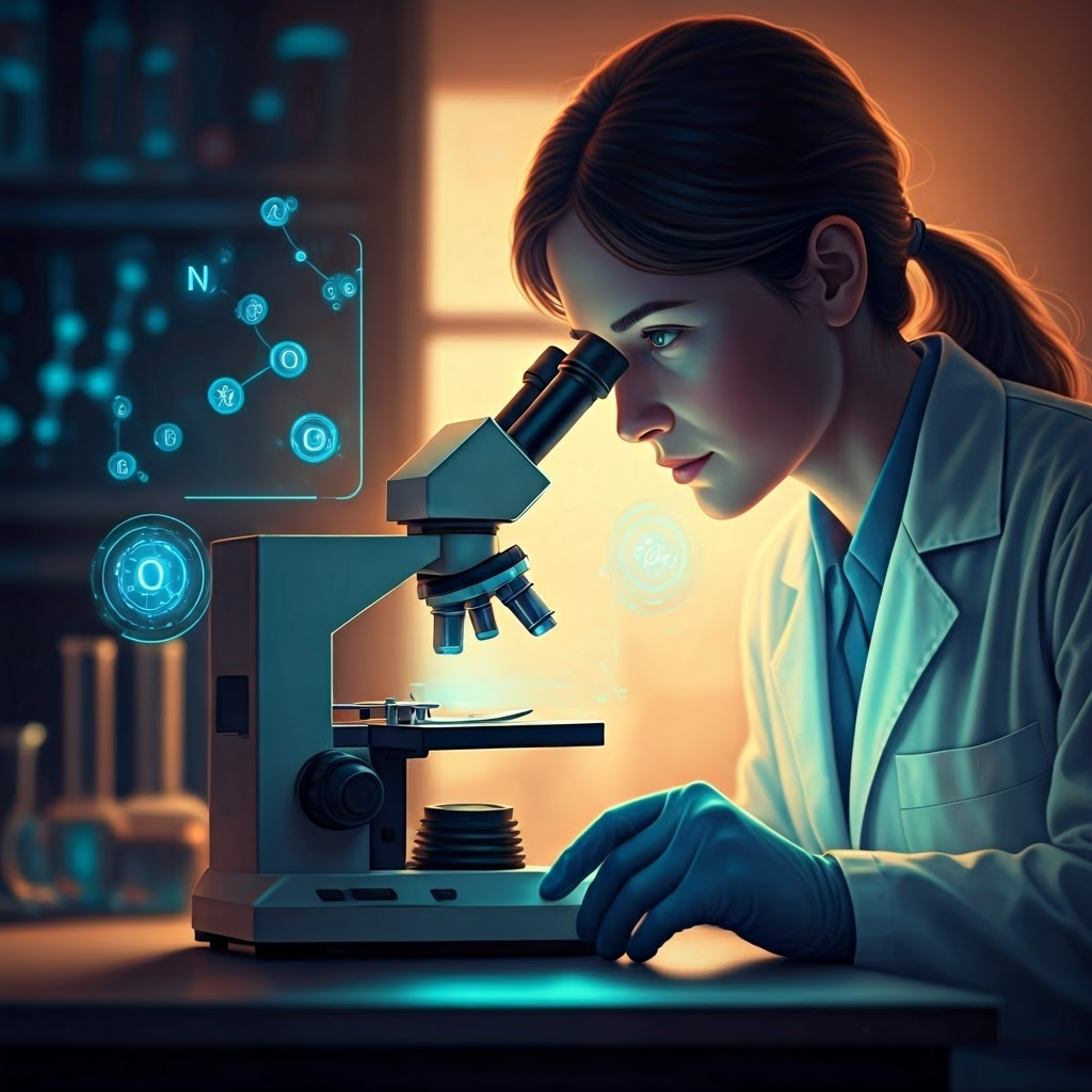 Scientist at a microscope with holograms showing nitrogen shielding reactive oxygen, argon drifting, and carbon dioxide feeding plants; highlights each gas’s role.