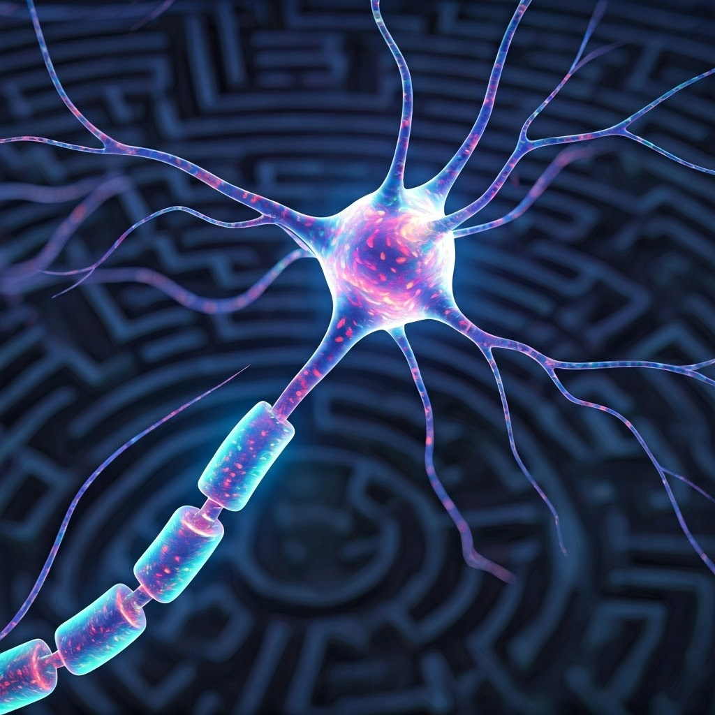 Colorful illustration of a single brain neuron with glowing soma, branching dendrites, and ribbon-like axon, emphasizing neural connectivity.